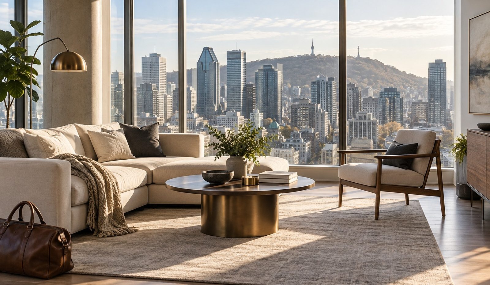 Le salon meublé d'un condominium dont les fenêtres pleine hauteur donnent sur le centre-ville de Montréal et le mont Royal.