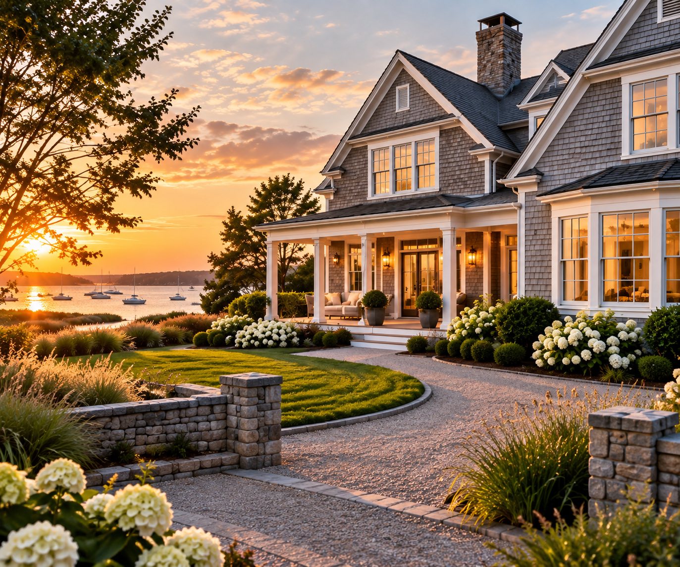 Une maison de bord de mer en bardeaux au coucher du soleil, fenêtres éclairées et véranda couverte donnant sur une allée de gravier et un port où mouillent des voiliers.