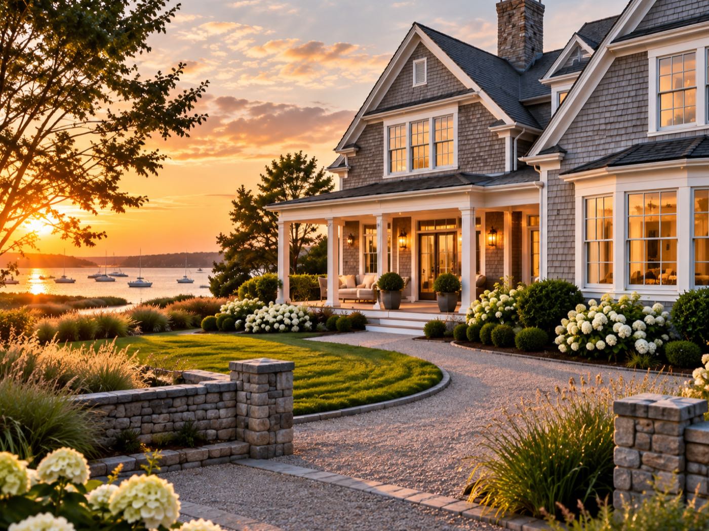 Une maison de bord de mer en bardeaux au coucher du soleil, fenêtres éclairées et véranda couverte donnant sur une allée de gravier, avec des hortensias en fleurs et des voiliers au mouillage dans le port au-delà.